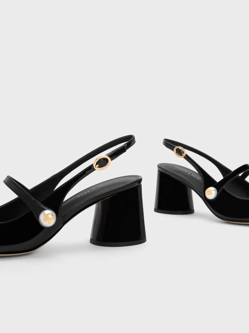 Pumps Charles & Keith Pearl Embellished Lacuita Slingback Negrii | 503OYCWIF