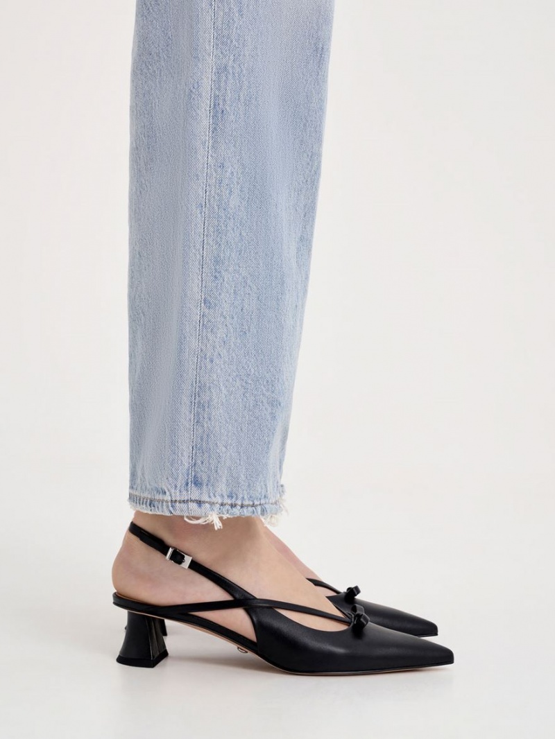Pumps Charles & Keith Piele Bow Cu Bretele Slingback Negrii | 795KWOVUI