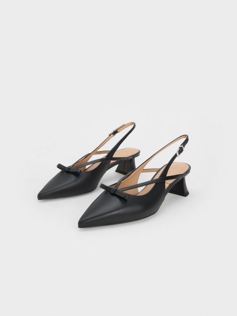 Pumps Charles & Keith Piele Bow Cu Bretele Slingback Negrii | 795KWOVUI