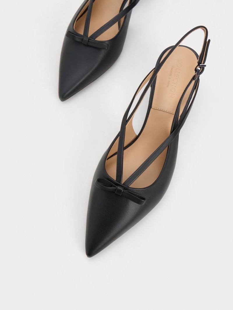 Pumps Charles & Keith Piele Bow Cu Bretele Slingback Negrii | 795KWOVUI