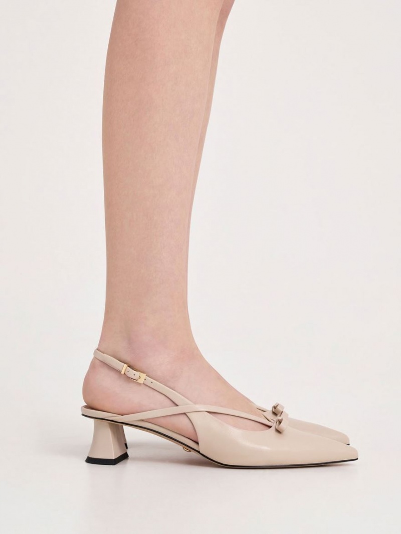 Pumps Charles & Keith Piele Bow Cu Bretele Slingback Bej | 536FWZGES