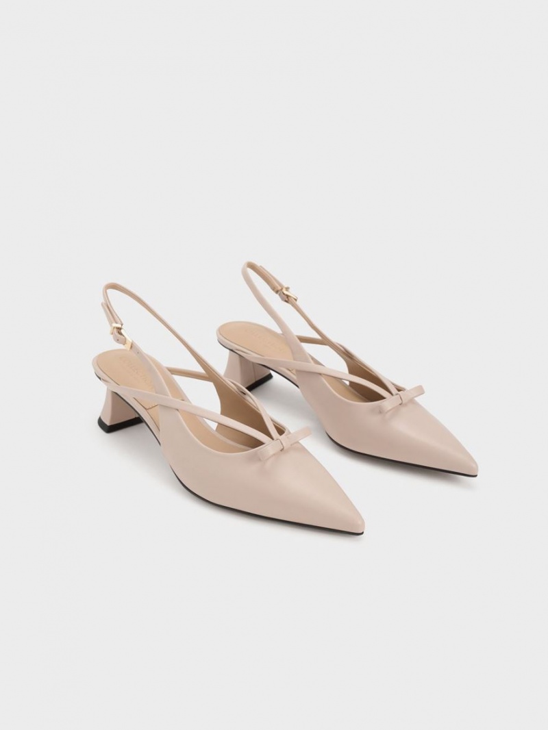 Pumps Charles & Keith Piele Bow Cu Bretele Slingback Bej | 536FWZGES
