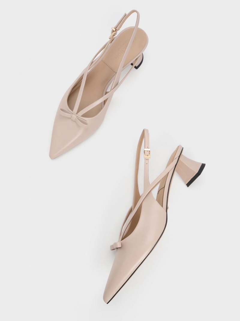 Pumps Charles & Keith Piele Bow Cu Bretele Slingback Bej | 536FWZGES
