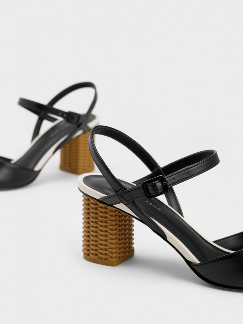 Pumps Charles & Keith Rattan Block Heel Negrii | 328LMYRJI
