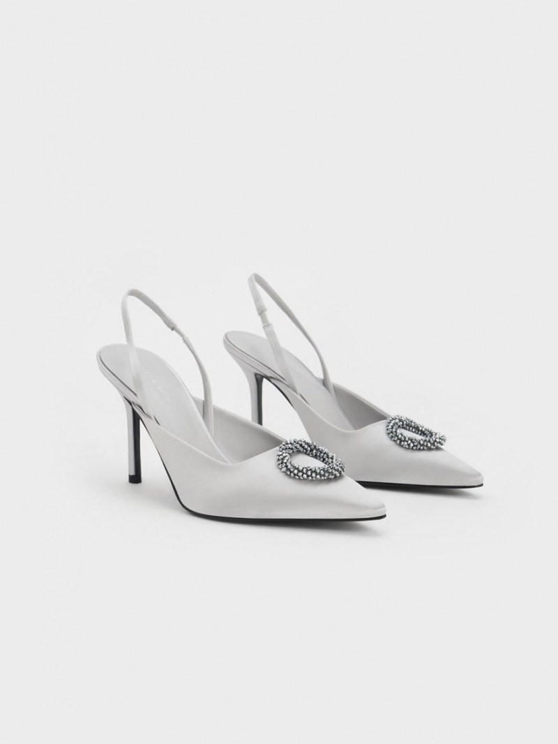 Pumps Charles & Keith Recycled Polyester Beaded Circle Slingback Argintii | 019BKICEU