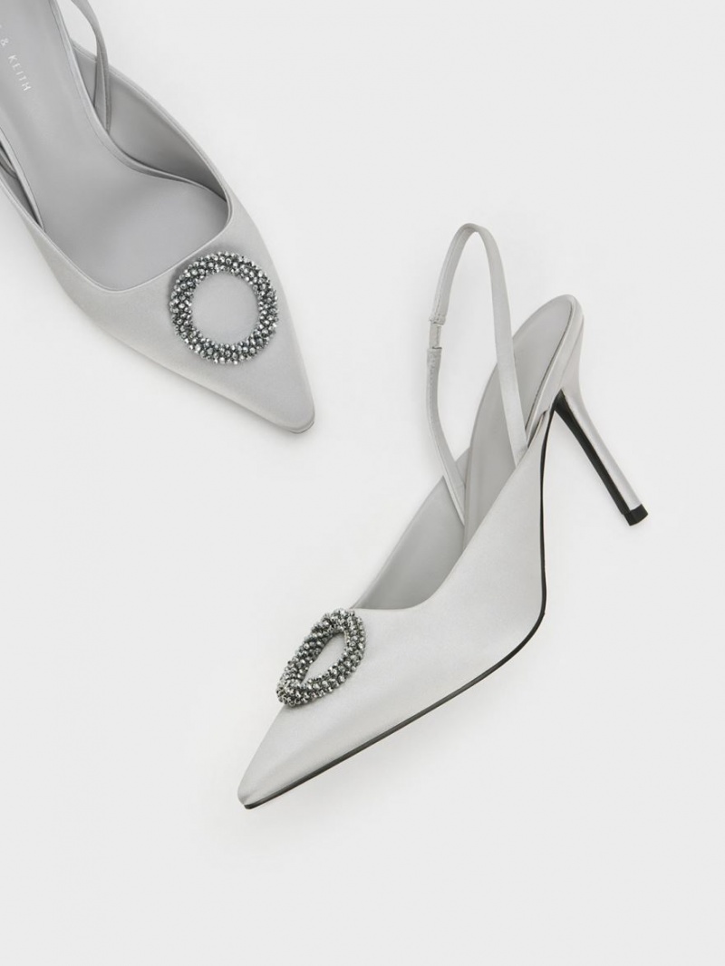 Pumps Charles & Keith Recycled Polyester Beaded Circle Slingback Argintii | 019BKICEU