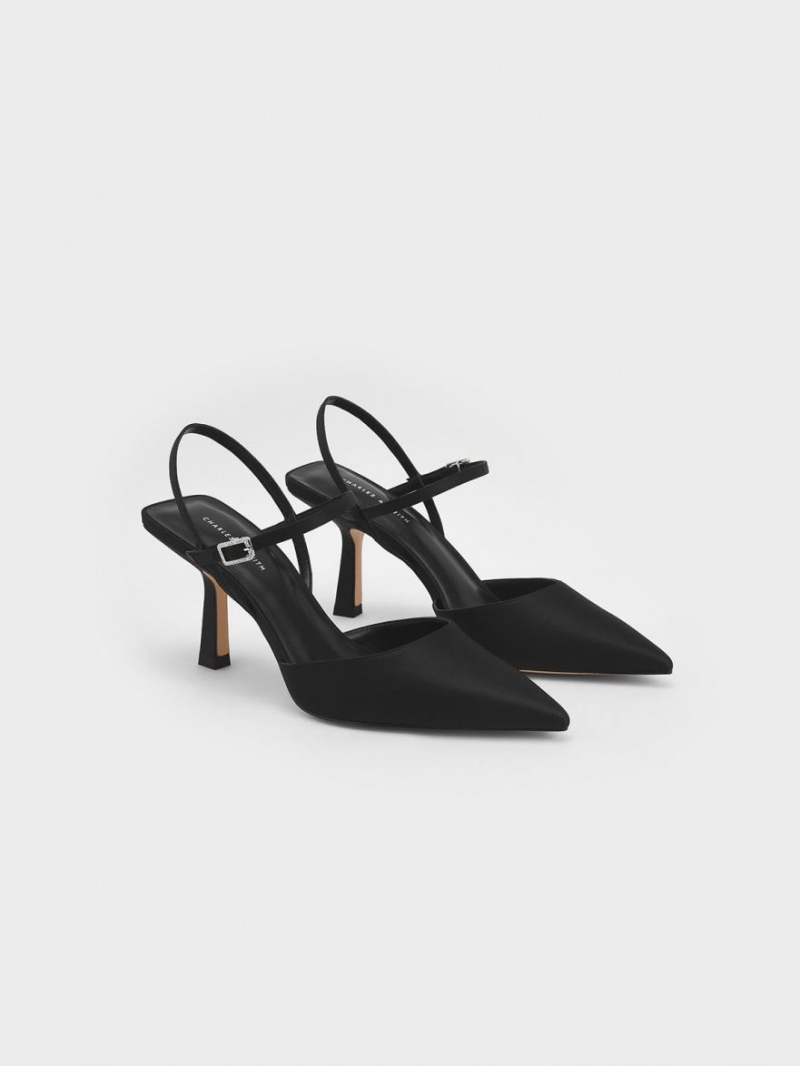 Pumps Charles & Keith Satin Ankle-Curea Negrii | 760XUOKGB