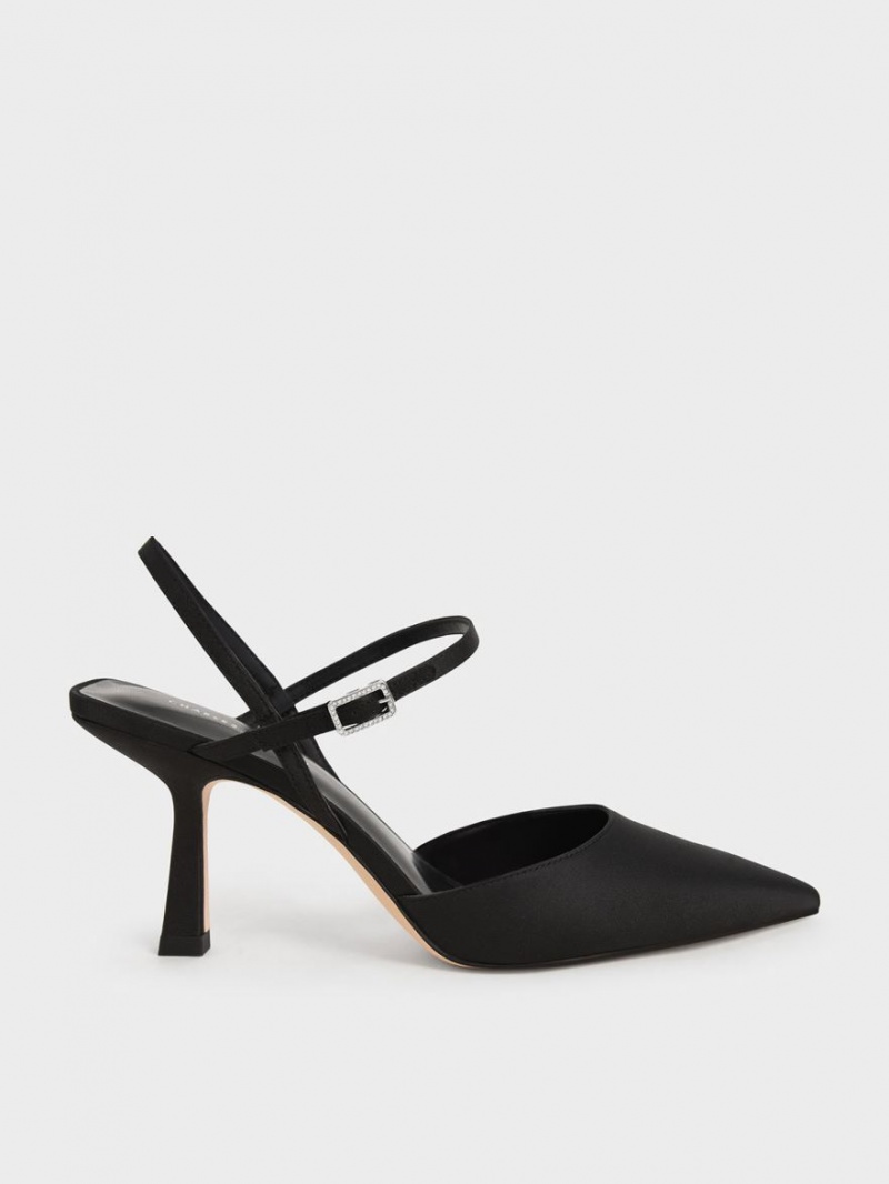 Pumps Charles & Keith Satin Ankle-Curea Negrii | 760XUOKGB