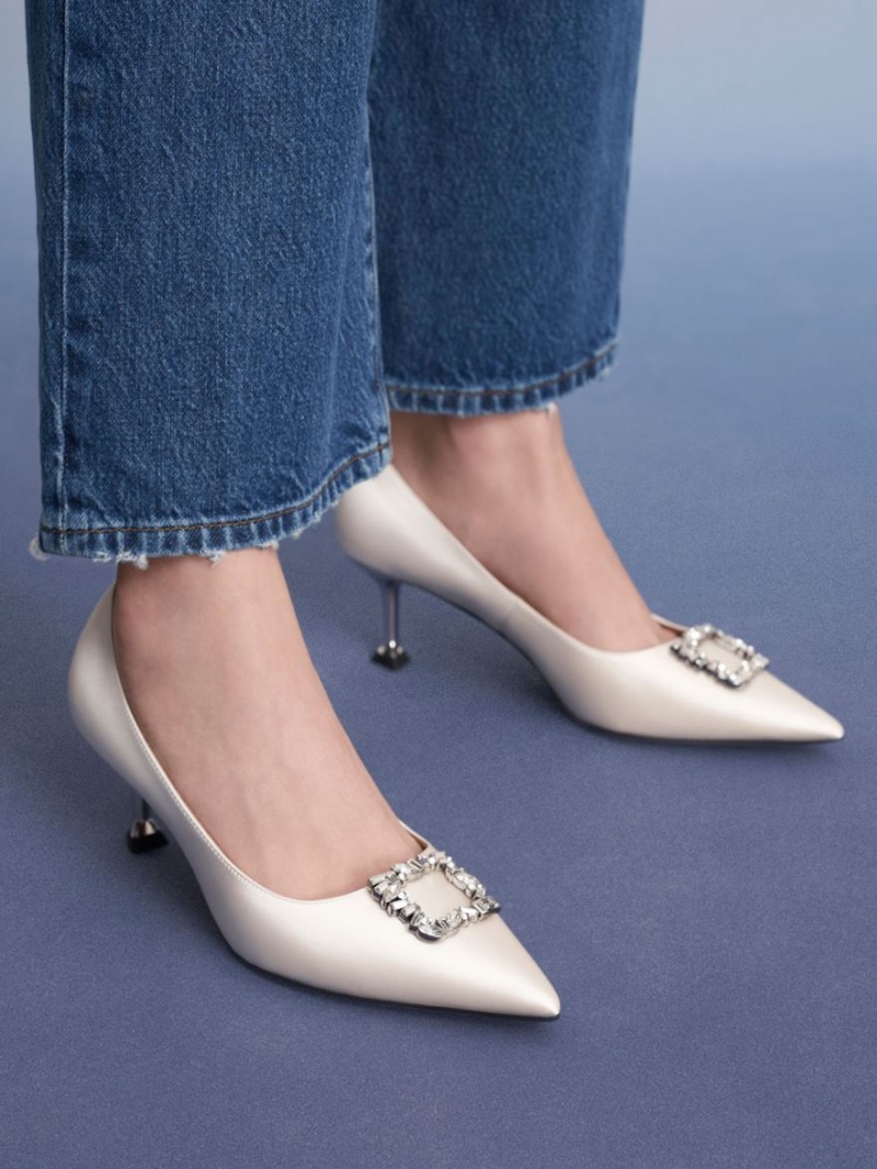 Pumps Charles & Keith Satin Gem-Embellished Kitten Heel Albi | 453CSNVHP