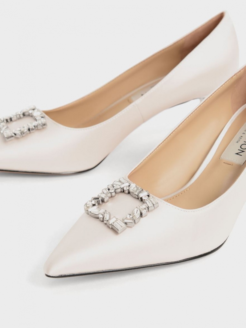 Pumps Charles & Keith Satin Gem-Embellished Kitten Heel Albi | 453CSNVHP