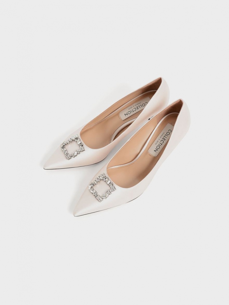 Pumps Charles & Keith Satin Gem-Embellished Kitten Heel Albi | 453CSNVHP