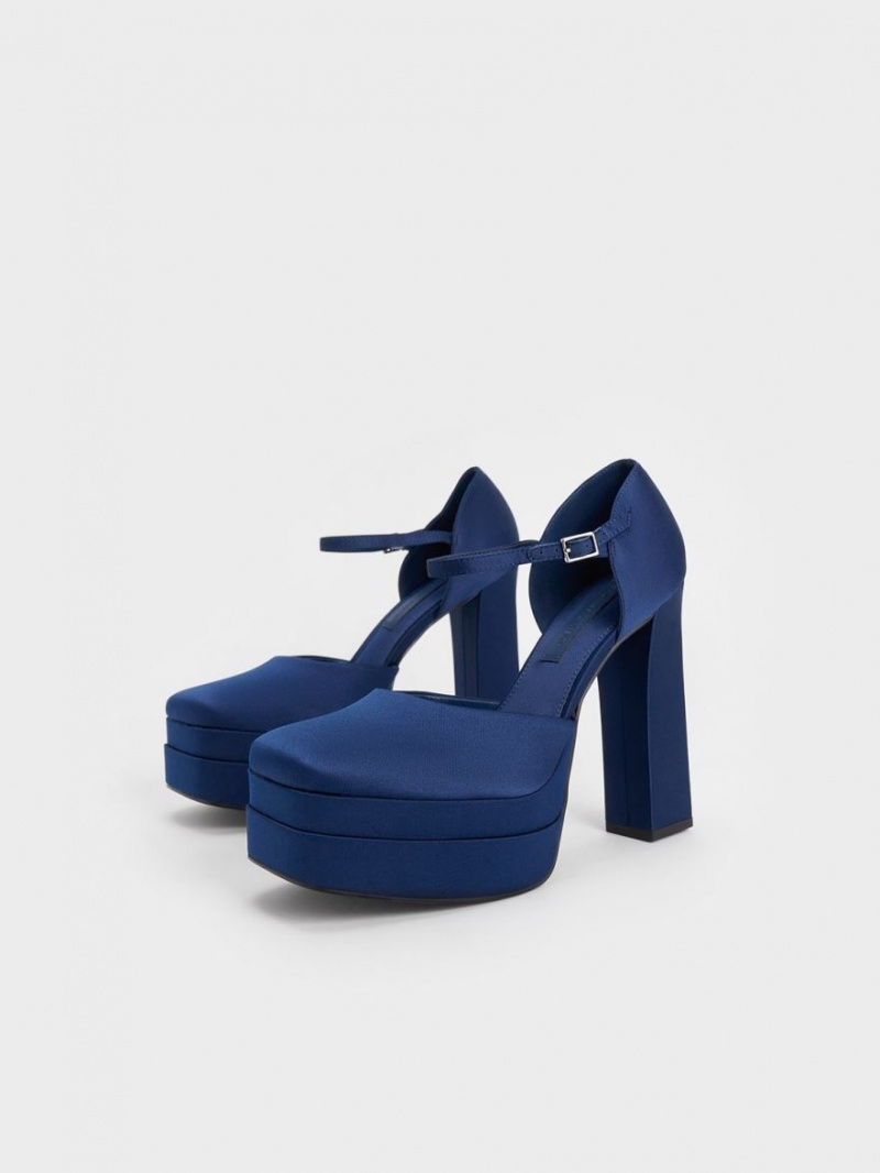 Pumps Charles & Keith Satin Platforma D'Orsay Albastri Inchis | 610LKMBCX