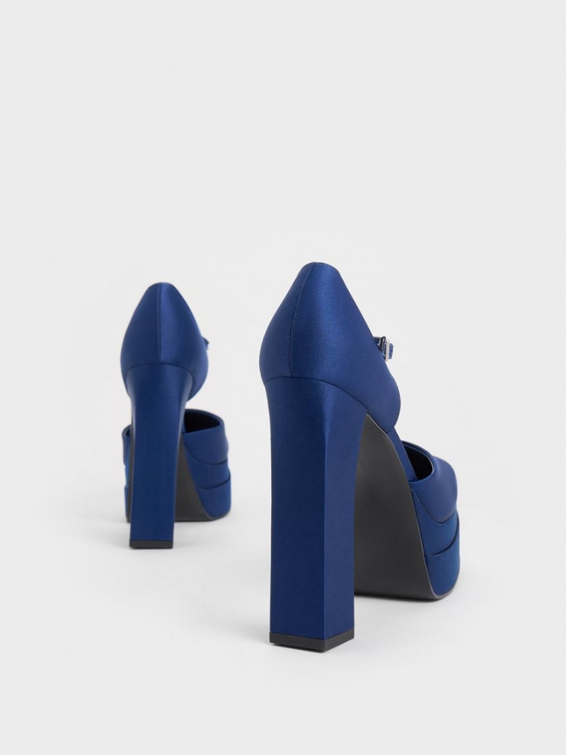 Pumps Charles & Keith Satin Platforma D'Orsay Albastri Inchis | 610LKMBCX