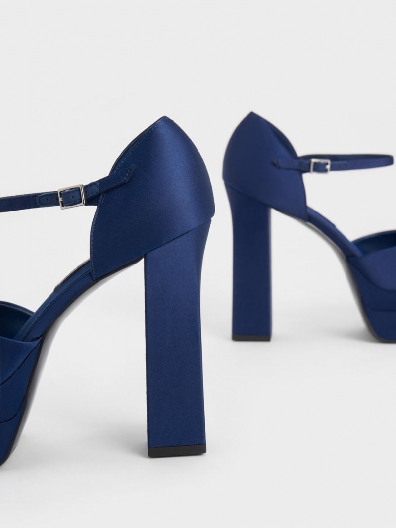 Pumps Charles & Keith Satin Platforma D'Orsay Albastri Inchis | 610LKMBCX