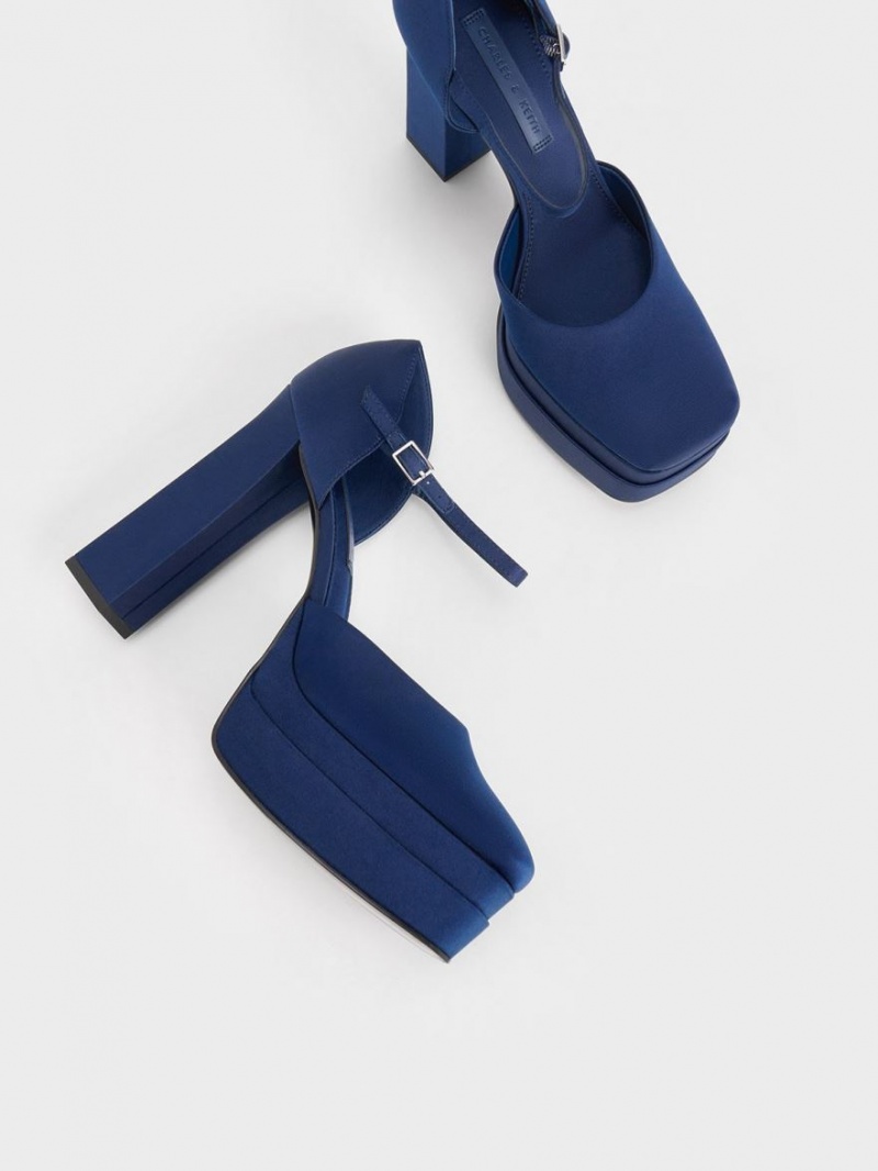 Pumps Charles & Keith Satin Platforma D'Orsay Albastri Inchis | 610LKMBCX