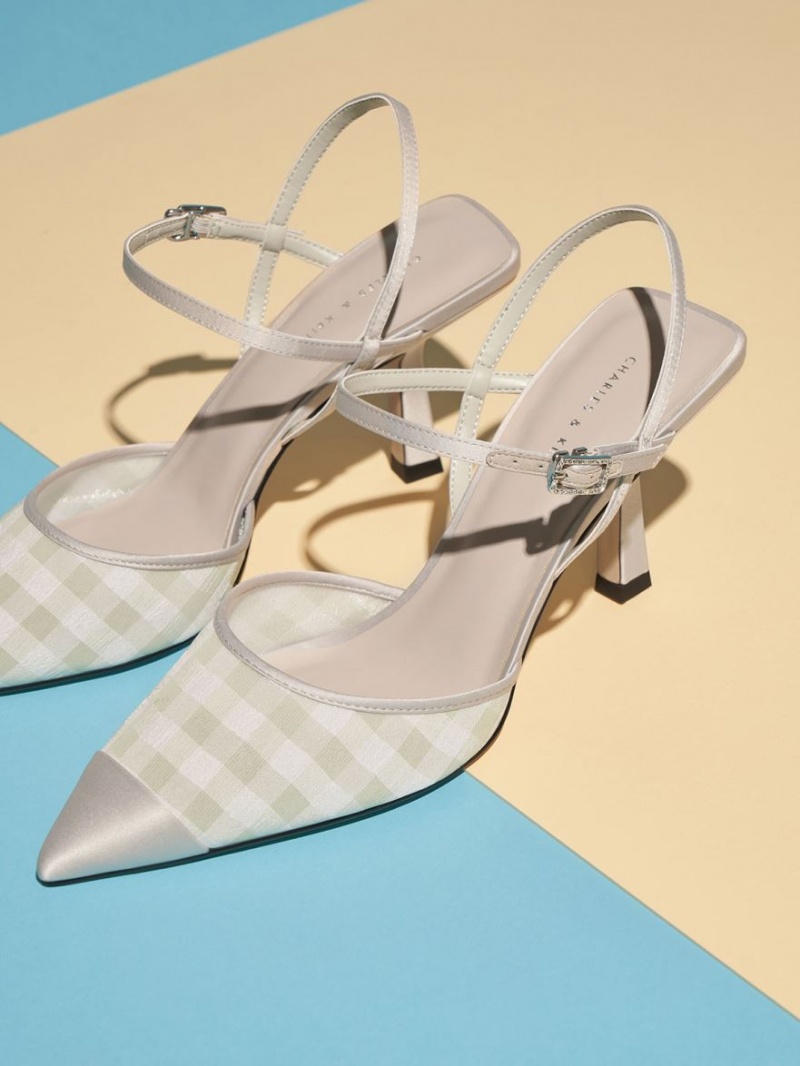 Pumps Charles & Keith Satin & Check-Print Fabric Ankle-Curea Verzi Deschis | 082OTRKZW