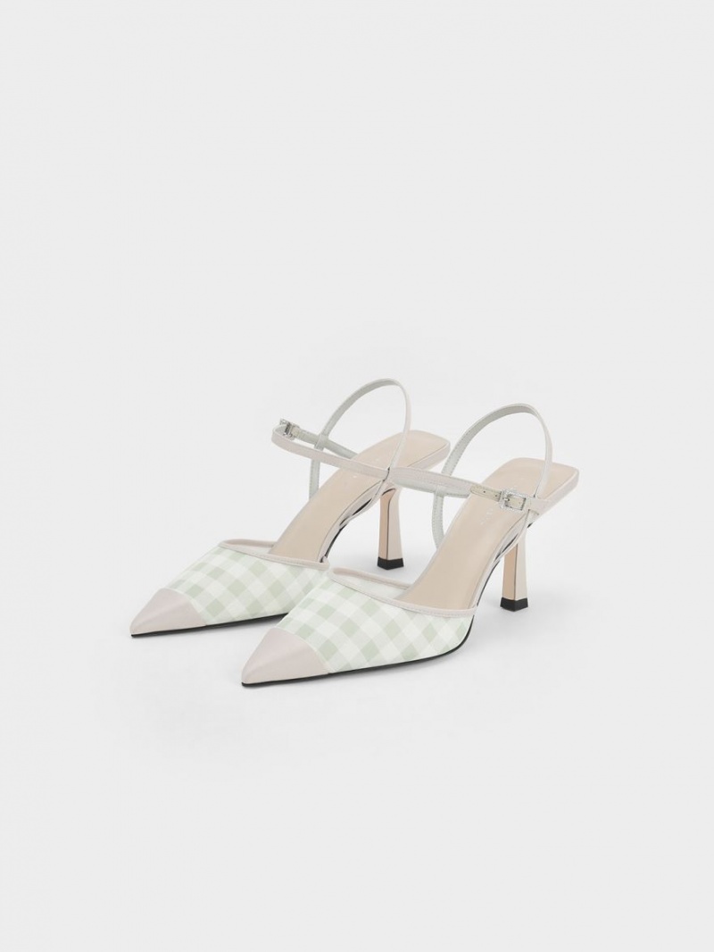 Pumps Charles & Keith Satin & Check-Print Fabric Ankle-Curea Verzi Deschis | 082OTRKZW