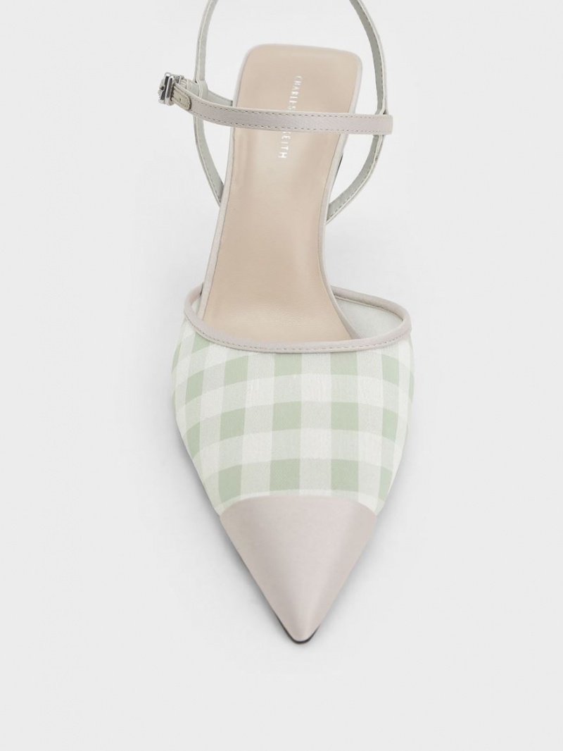 Pumps Charles & Keith Satin & Check-Print Fabric Ankle-Curea Verzi Deschis | 082OTRKZW