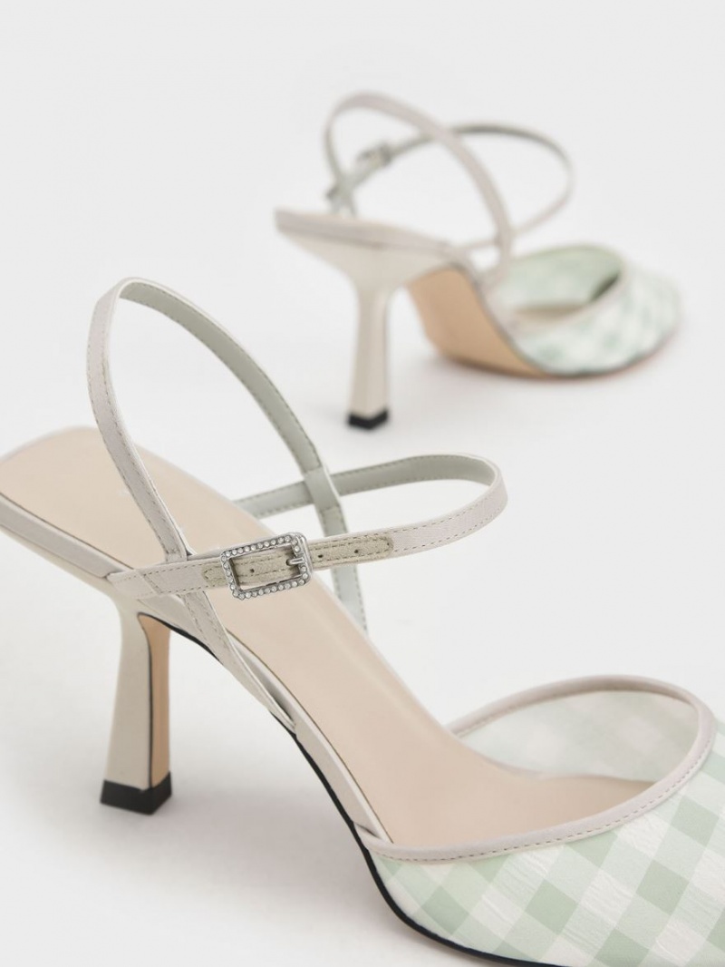 Pumps Charles & Keith Satin & Check-Print Fabric Ankle-Curea Verzi Deschis | 082OTRKZW
