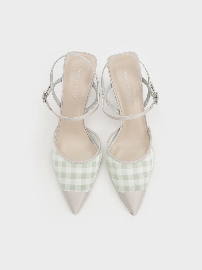 Pumps Charles & Keith Satin & Check-Print Fabric Ankle-Curea Verzi Deschis | 082OTRKZW