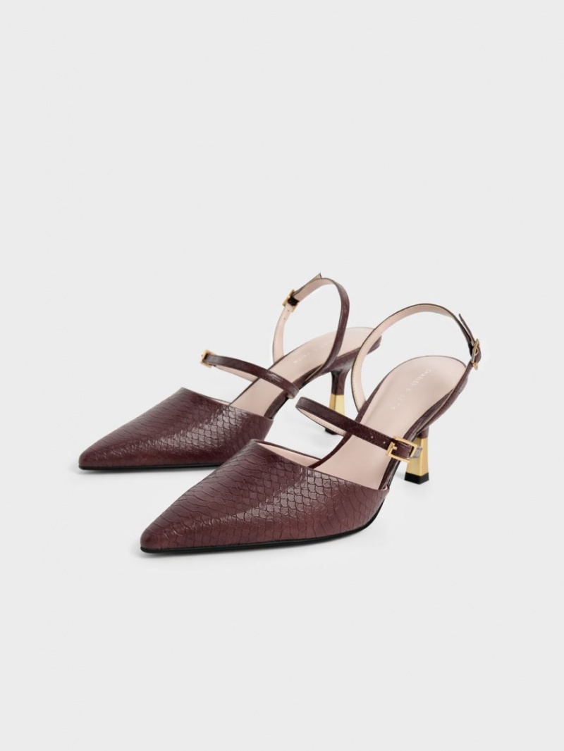 Pumps Charles & Keith Snake-Print Double Curea Slingback Maro | 531CIFQBG