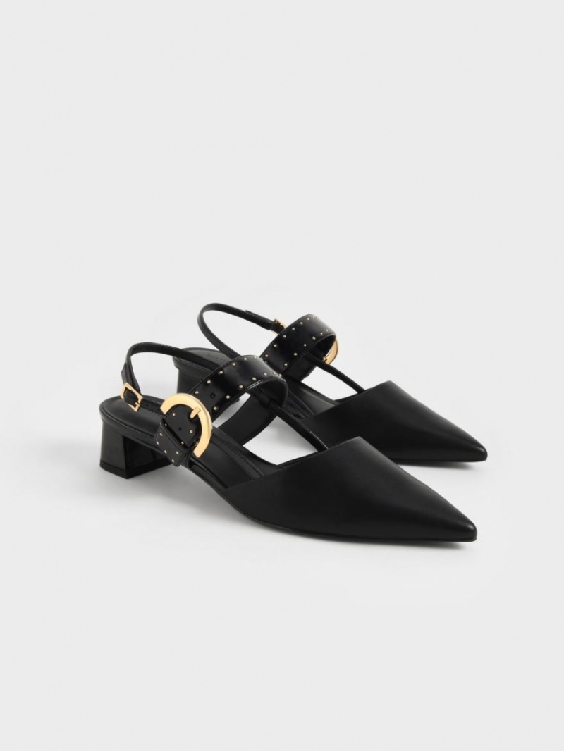 Pumps Charles & Keith Studded Buckled Slingback Negrii | 893RFMXNG