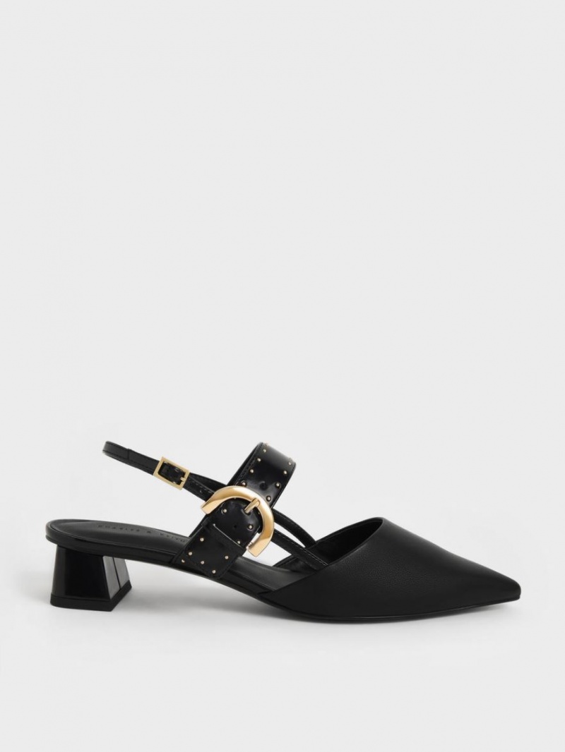 Pumps Charles & Keith Studded Buckled Slingback Negrii | 893RFMXNG
