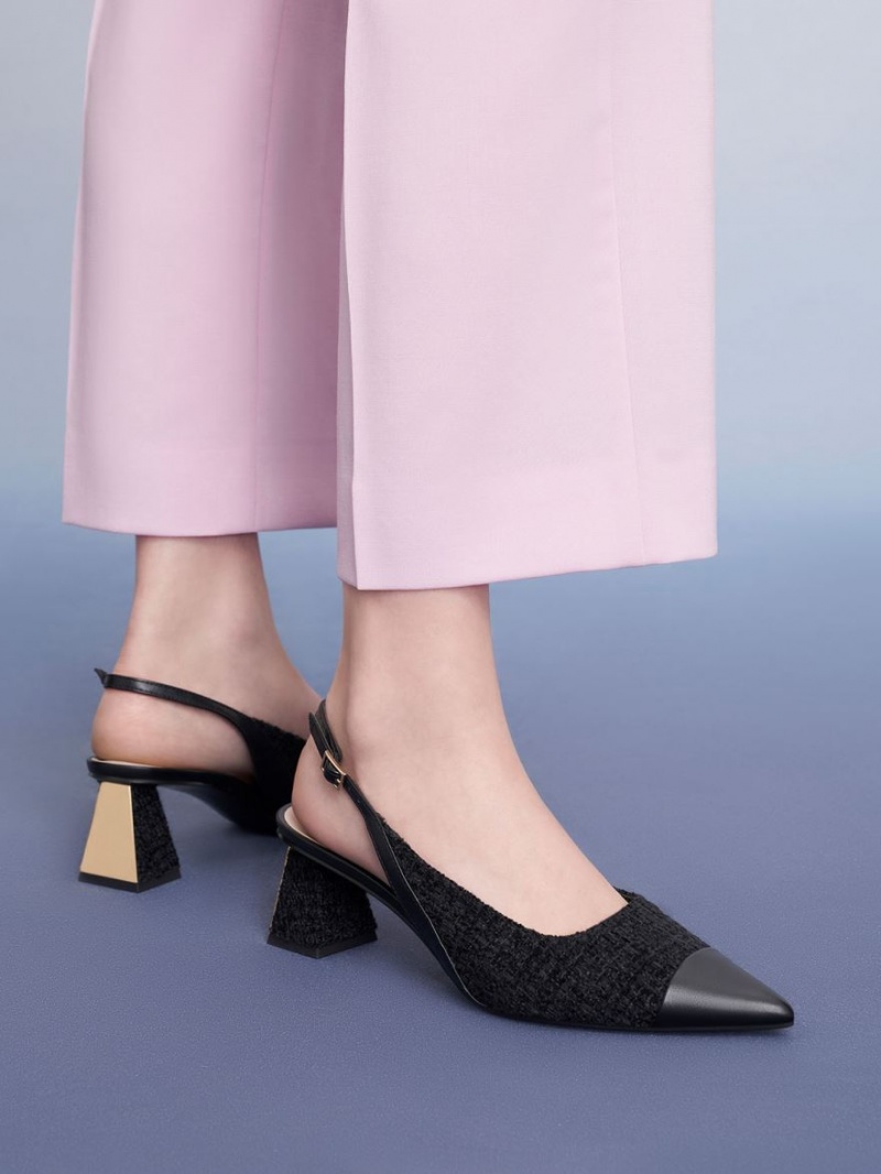 Pumps Charles & Keith Tweed Bombeu Cap Slingback Negrii | 961AYKFJN