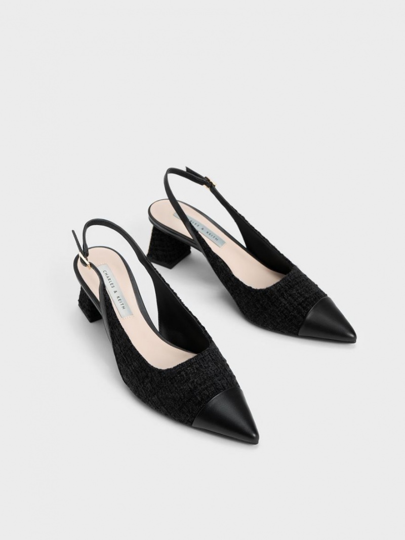 Pumps Charles & Keith Tweed Bombeu Cap Slingback Negrii | 961AYKFJN