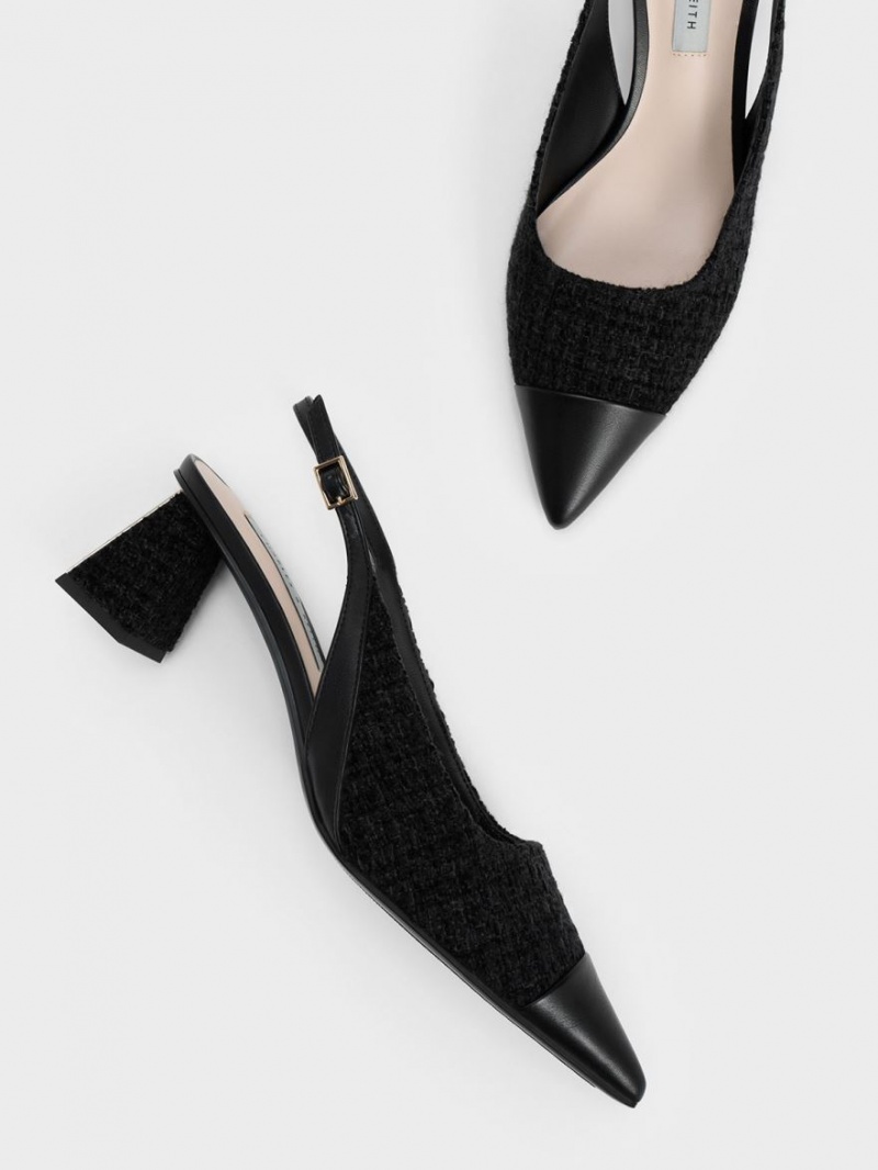 Pumps Charles & Keith Tweed Bombeu Cap Slingback Negrii | 961AYKFJN