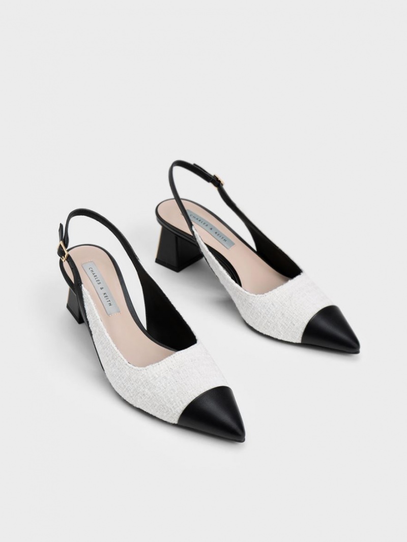 Pumps Charles & Keith Tweed Bombeu Cap Slingback Albi | 608REOQJG