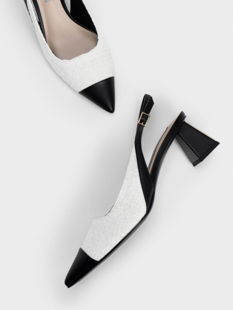 Pumps Charles & Keith Tweed Bombeu Cap Slingback Albi | 608REOQJG