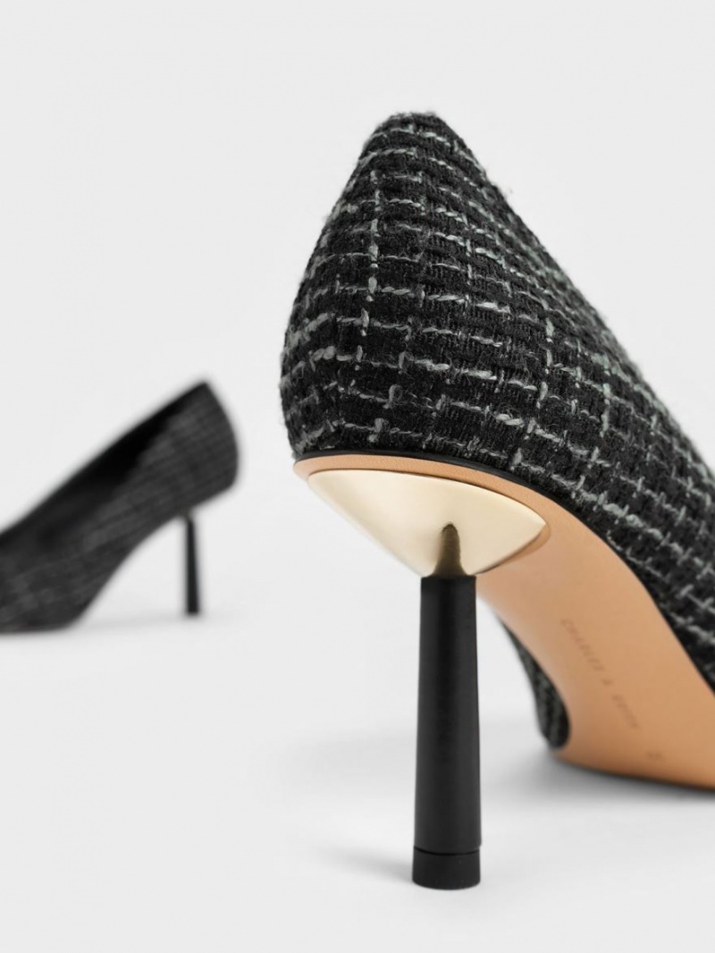 Pumps Charles & Keith Tweed Pointed-Bombeu Cylindrical Heel Negrii | 549CPVBKI