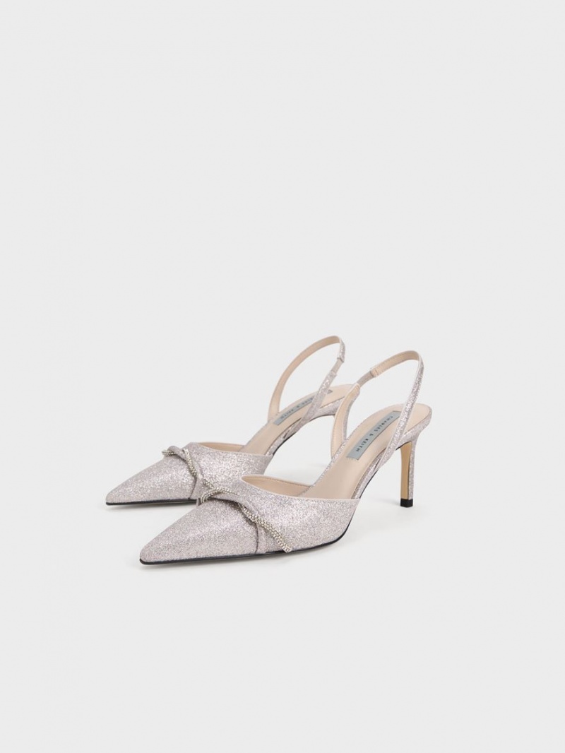 Pumps Charles & Keith Twist Detail Glittered Slingback Argintii | 047ABNUJY