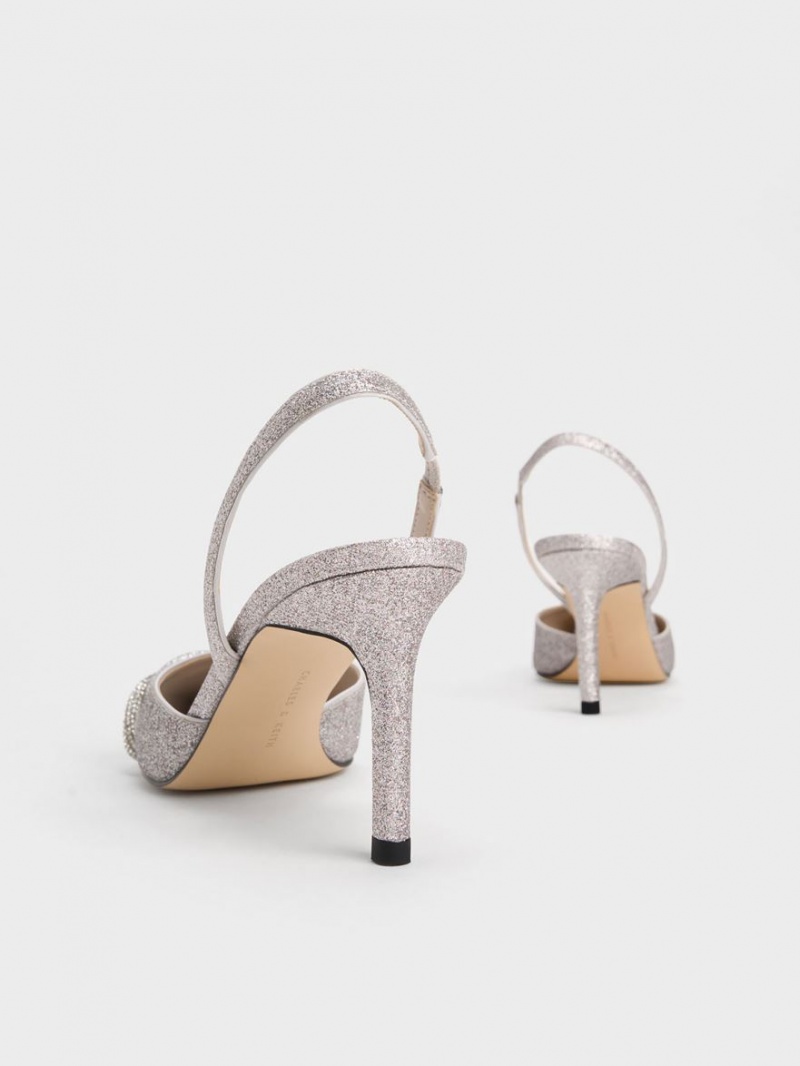 Pumps Charles & Keith Twist Detail Glittered Slingback Argintii | 047ABNUJY