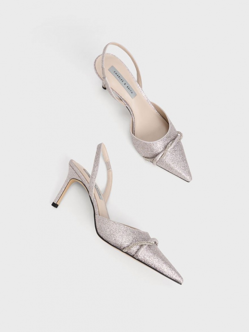 Pumps Charles & Keith Twist Detail Glittered Slingback Argintii | 047ABNUJY