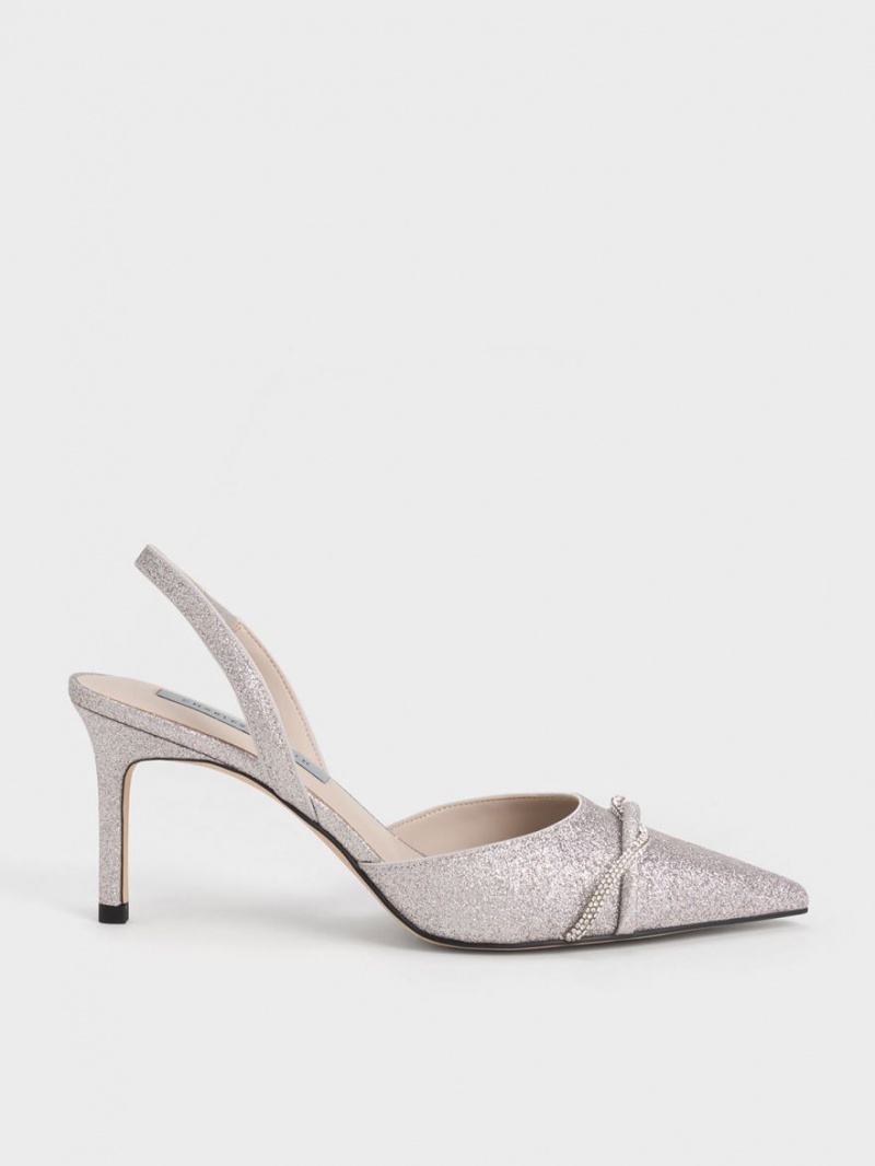 Pumps Charles & Keith Twist Detail Glittered Slingback Argintii | 047ABNUJY