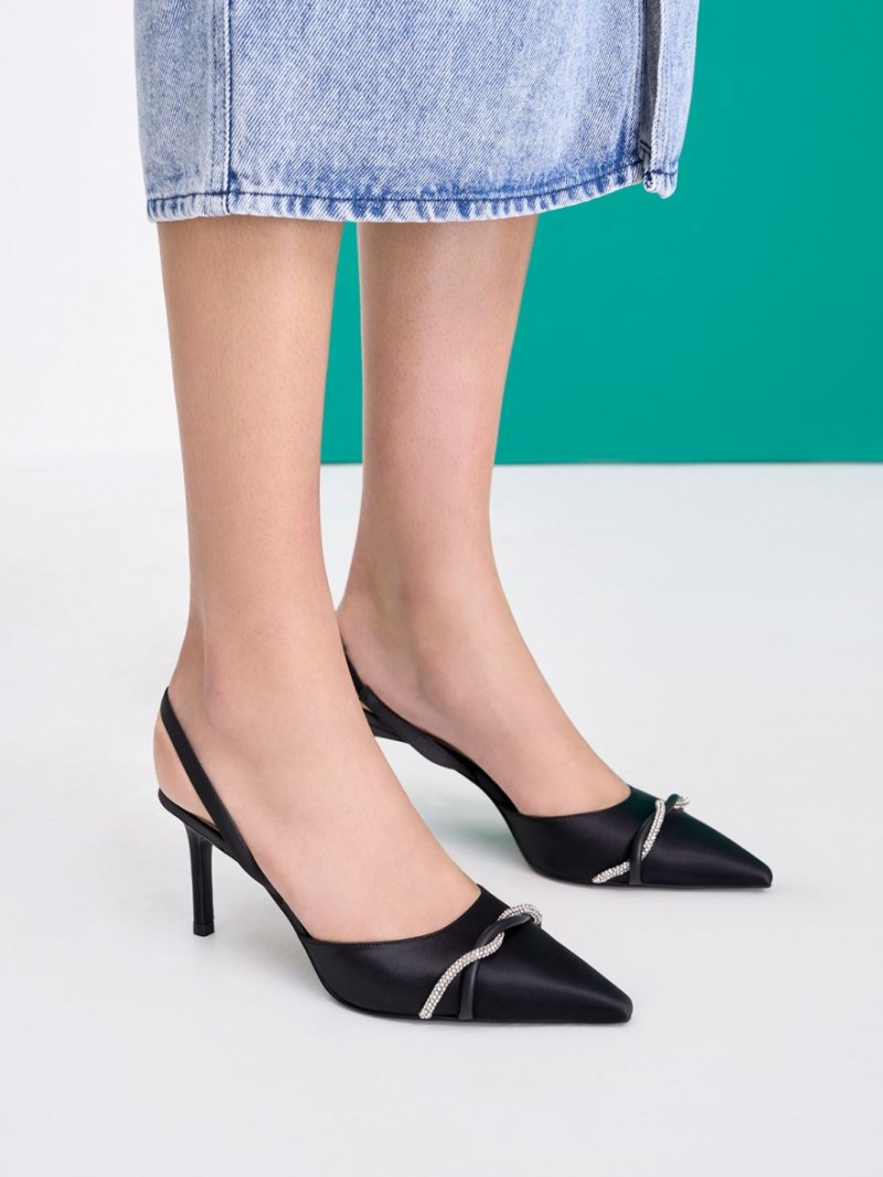 Pumps Charles & Keith Twist Detail Satin Slingback Negrii | 905JVHLGT