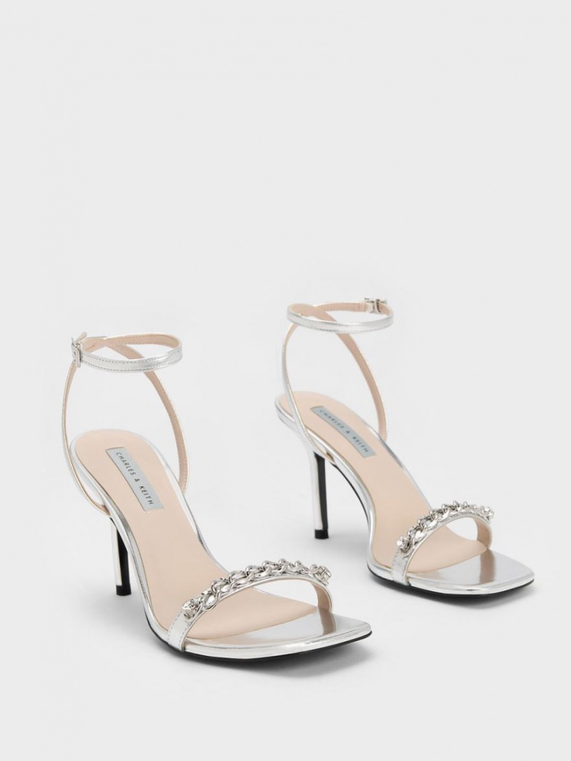 Sandale Cu Curea Charles & Keith Chain-Embellished Metallic Ankle Argintii | 123GHLTWF