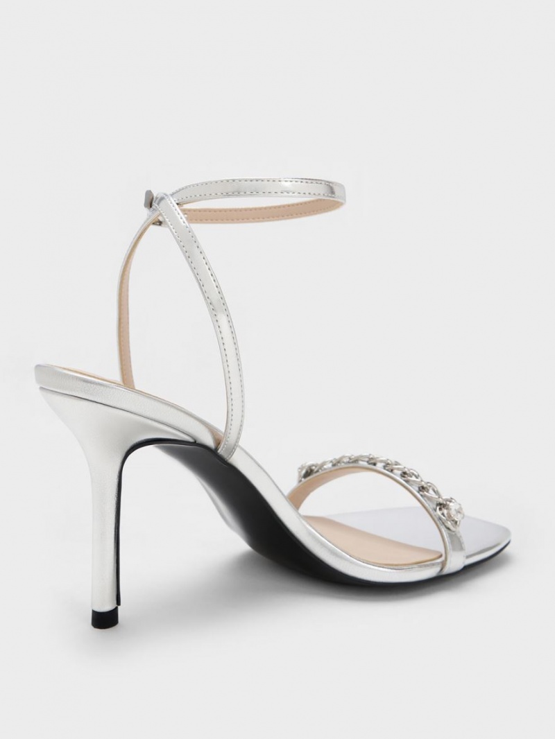 Sandale Cu Curea Charles & Keith Chain-Embellished Metallic Ankle Argintii | 123GHLTWF