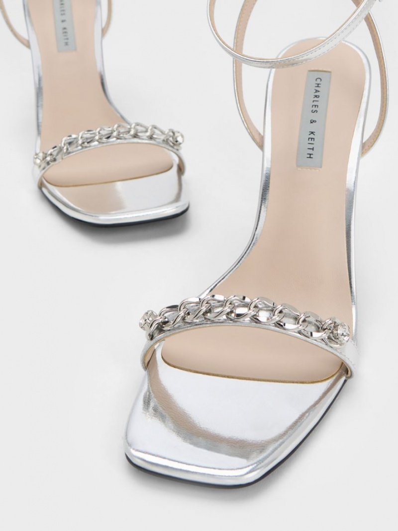 Sandale Cu Curea Charles & Keith Chain-Embellished Metallic Ankle Argintii | 123GHLTWF