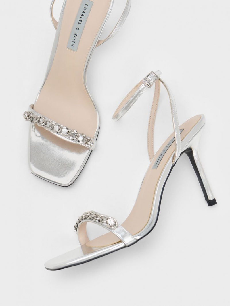 Sandale Cu Curea Charles & Keith Chain-Embellished Metallic Ankle Argintii | 123GHLTWF