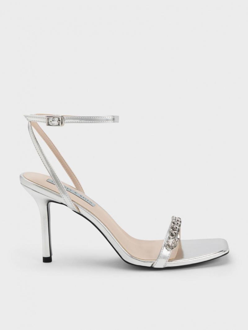 Sandale Cu Curea Charles & Keith Chain-Embellished Metallic Ankle Argintii | 123GHLTWF