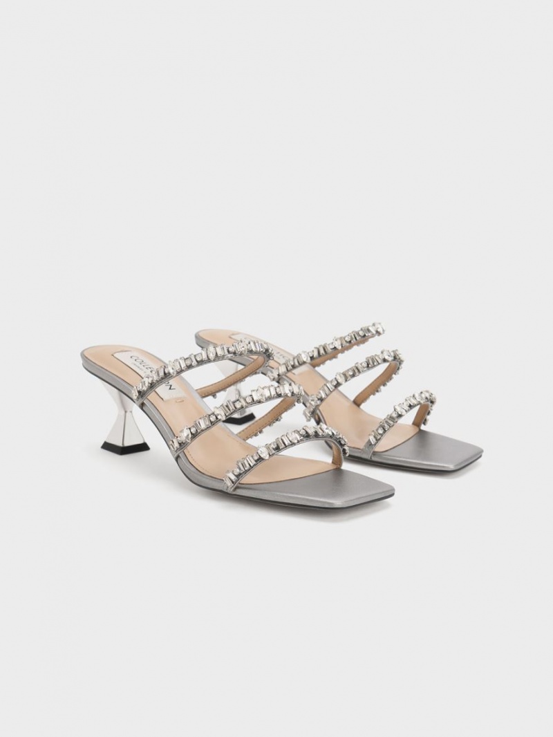 Sandale Cu Curea Charles & Keith Gem-Encrusted Metallic Argintii | 298JUQBND