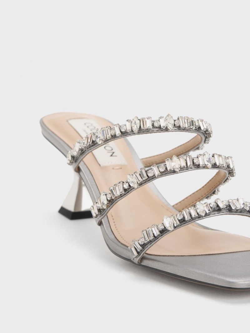 Sandale Cu Curea Charles & Keith Gem-Encrusted Metallic Argintii | 298JUQBND