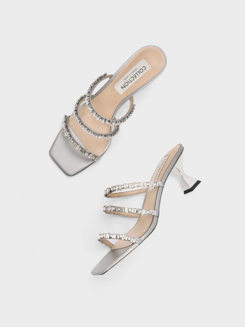 Sandale Cu Curea Charles & Keith Gem-Encrusted Metallic Argintii | 298JUQBND