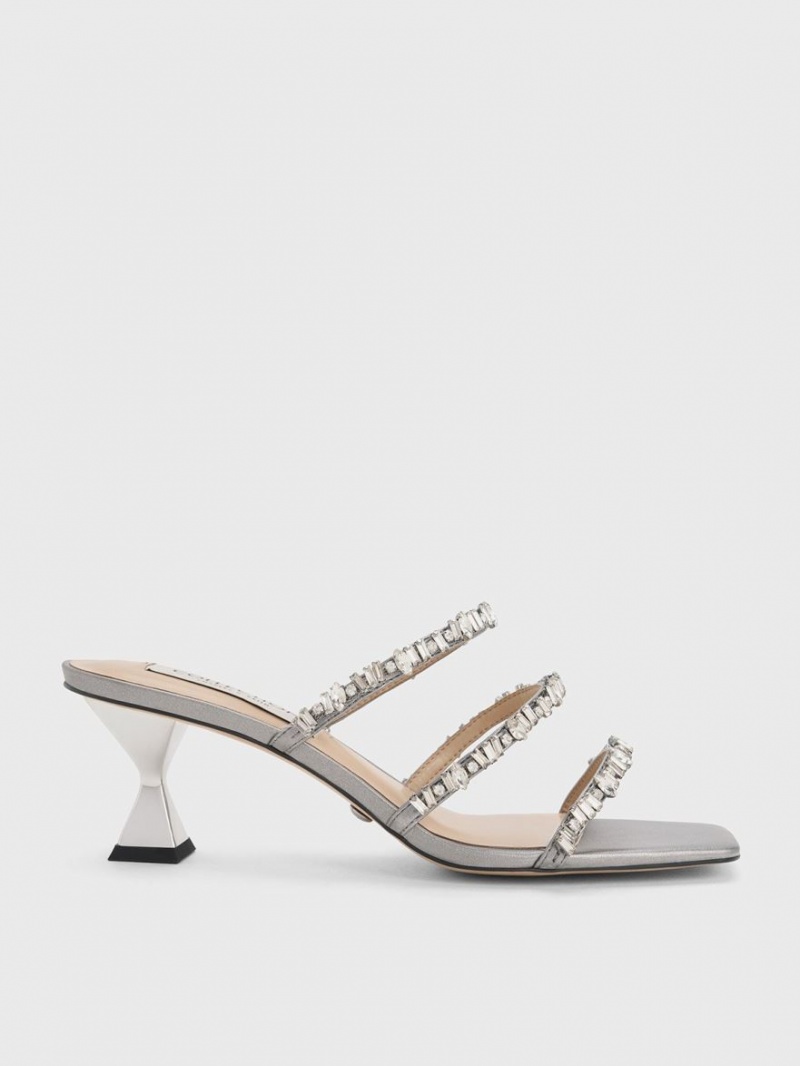 Sandale Cu Curea Charles & Keith Gem-Encrusted Metallic Argintii | 298JUQBND