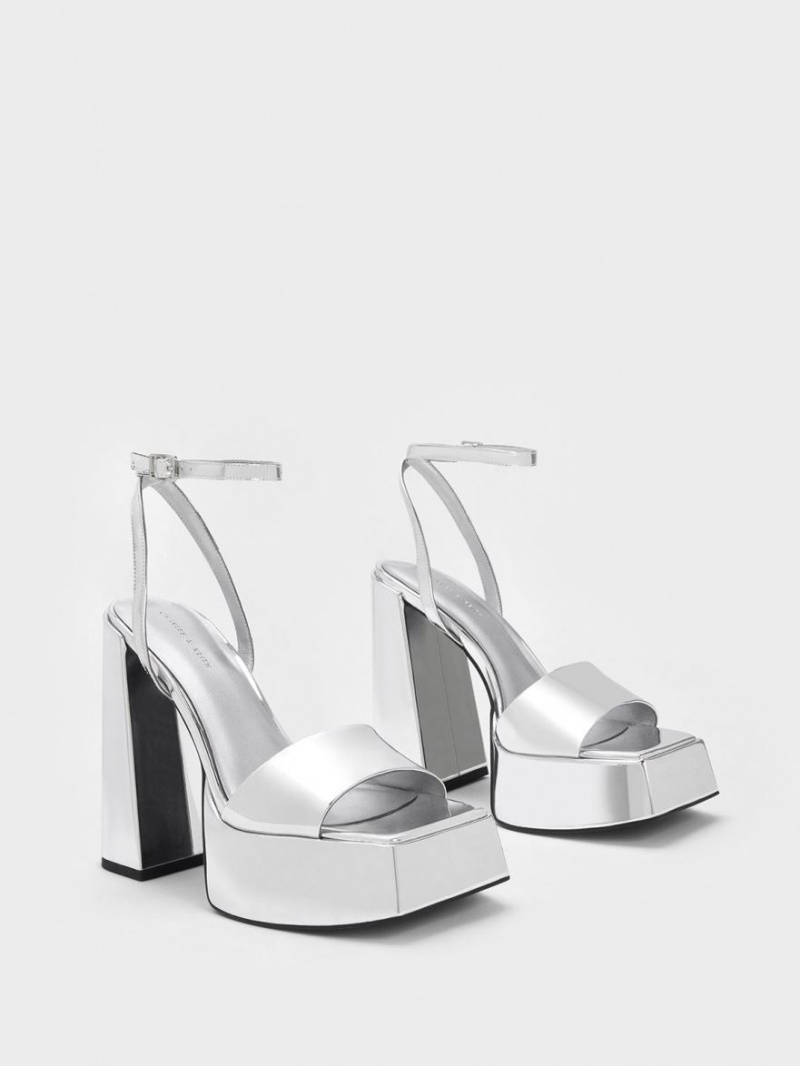 Sandale Cu Curea Charles & Keith Metallic Platforma Ankle Argintii | 436SUGPOL