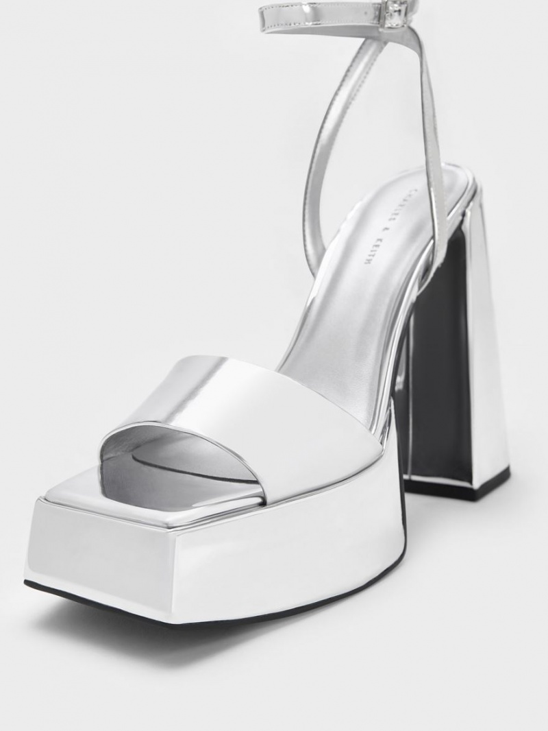 Sandale Cu Curea Charles & Keith Metallic Platforma Ankle Argintii | 436SUGPOL