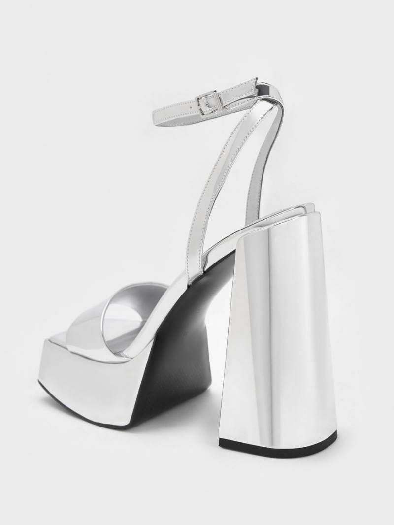 Sandale Cu Curea Charles & Keith Metallic Platforma Ankle Argintii | 436SUGPOL